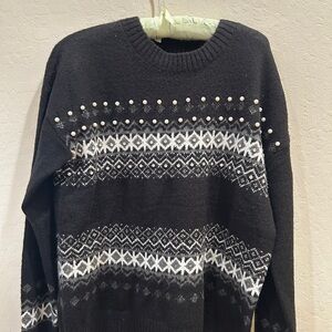 Black & white Fair Isle Crewneck Sweater with Pearls and crystals